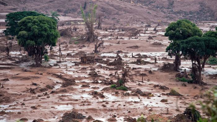 Aerial view after the damburst near the village of Bento Rodrigues, Minas Gerais state, in November © AFP